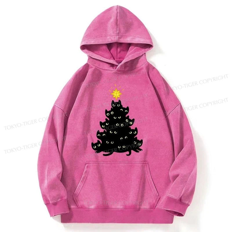 Tokyo-Tiger Black Cat Christmas Tree Washed Hoodie