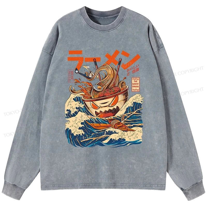 Tokyo-Tiger The Great Wave Ramen Kaiju Washed Long Sleeve T-Shirt