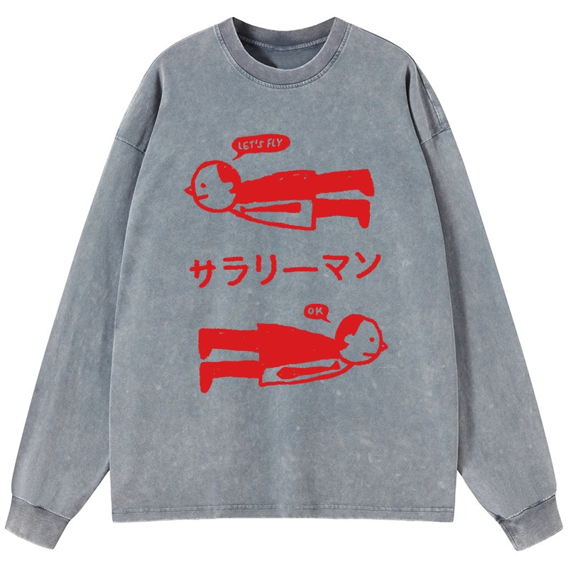 Tokyo-Tiger Let's Fly Office Worker Washed Long Sleeve T-Shirt