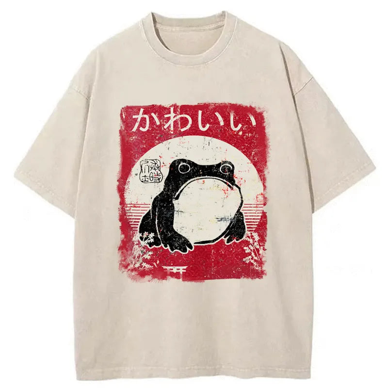 Tokyo-Tiger Woodblock Print Grumpy Frog Washed T-Shirt