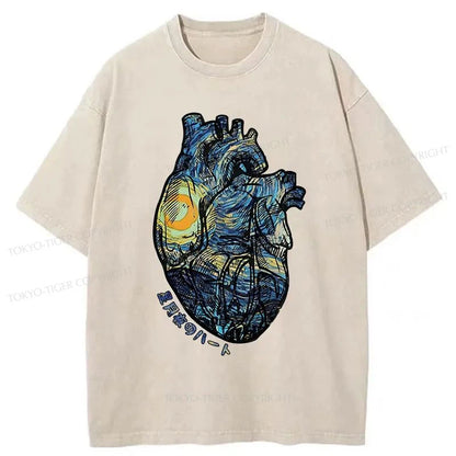 Tokyo-Tiger Van Gogh Starry Night Sky Heart Japanese Washed T-Shirt