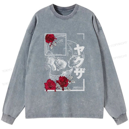 Tokyo-Tiger Skull Roses Japanese Aesthetic Washed Long Sleeve T-Shirt