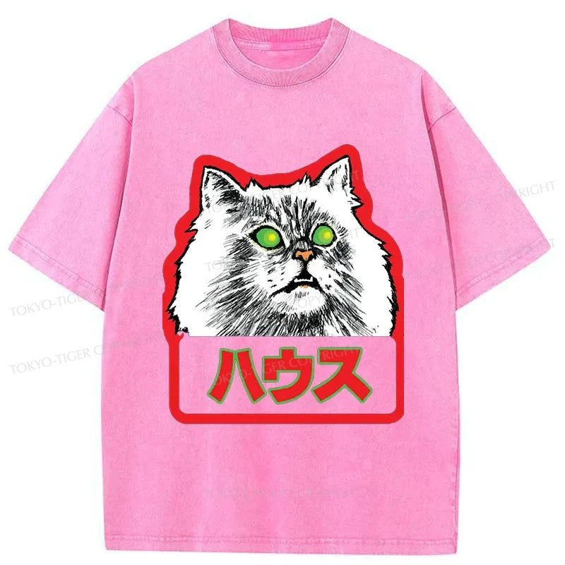 Tokyo-Tiger Residential White Cat Japanese Washed T-Shirt