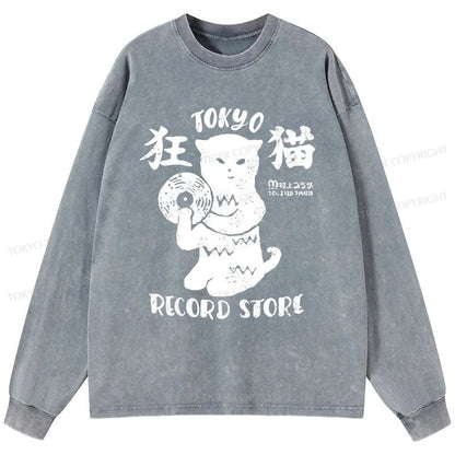 Tokyo-Tiger Tokyo Record Store Cat CD Washed Long Sleeve T-Shirt