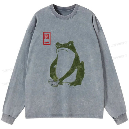 Tokyo-Tiger Woodblock Print Frog Washed Long Sleeve T-Shirt