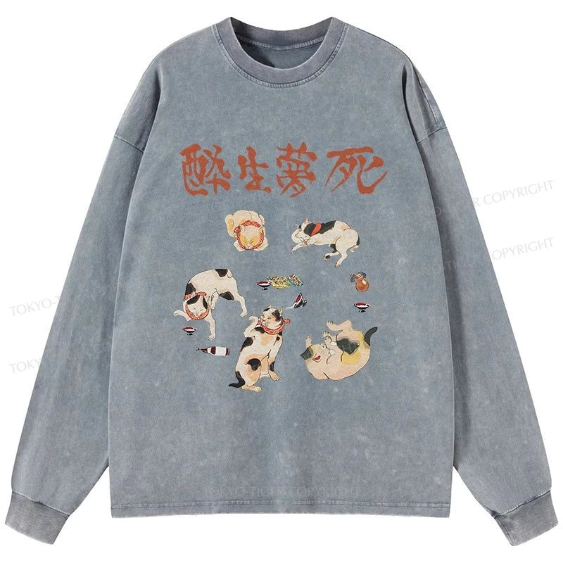 Tokyo-Tiger Drunken Cats Washed Long Sleeve T-Shirt