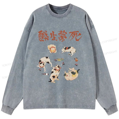 Tokyo-Tiger Drunken Cats Washed Long Sleeve T-Shirt