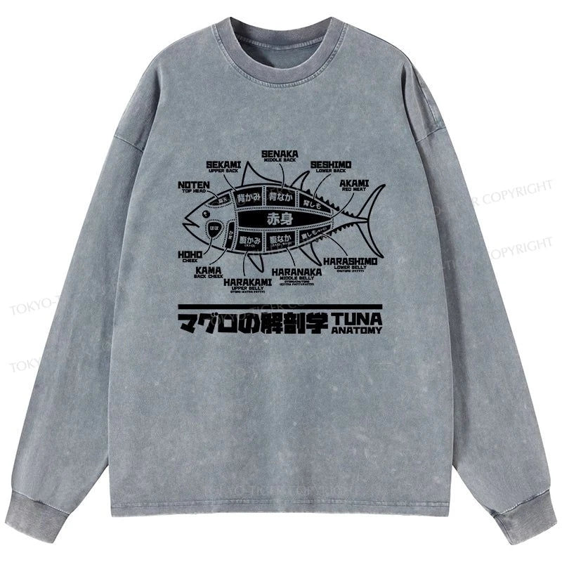 Tokyo-Tiger Tuna Dissection Map Japanese Washed Long Sleeve T-Shirt