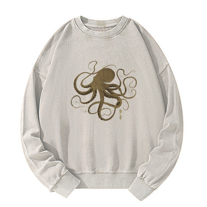 Tokyo-Tiger Octopus Japanese Gold Print Tattoo Washed Sweatshirt