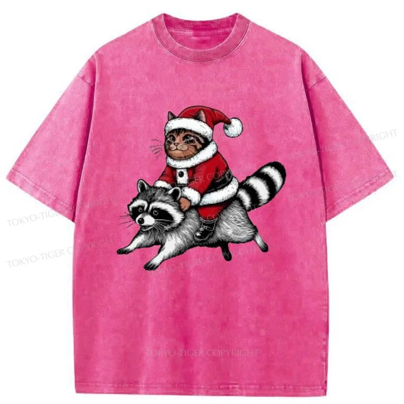 Tokyo-Tiger Santa Cat On A Raccoon Washed T-Shirt