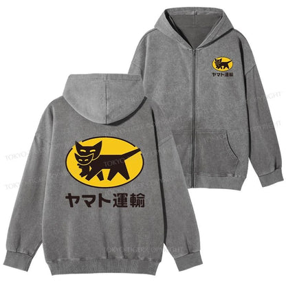 Tokyo-Tiger Black Cat Transport Pattern Japanese Washed Zip Hoodie