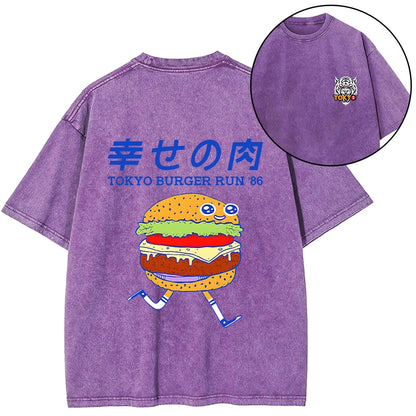 Tokyo-Tiger Tokyo Burger Run Japanese Front Back Washed T-Shirt