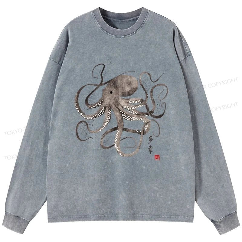 Tokyo-Tiger Octopus Japanese Calligraphy Washed Long Sleeve T-Shirt