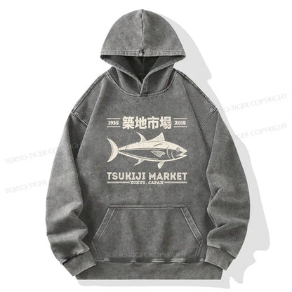 Tokyo-Tiger Retro Tsukiji Fish Market Streetwear Tokyo Washed Hoodie