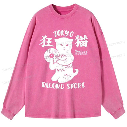 Tokyo-Tiger Tokyo Record Store Cat CD Washed Long Sleeve T-Shirt