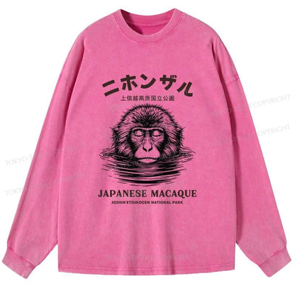 Tokyo-Tiger The Macaque Monkey In The Bath Japanese Washed Long Sleeve T-Shirt