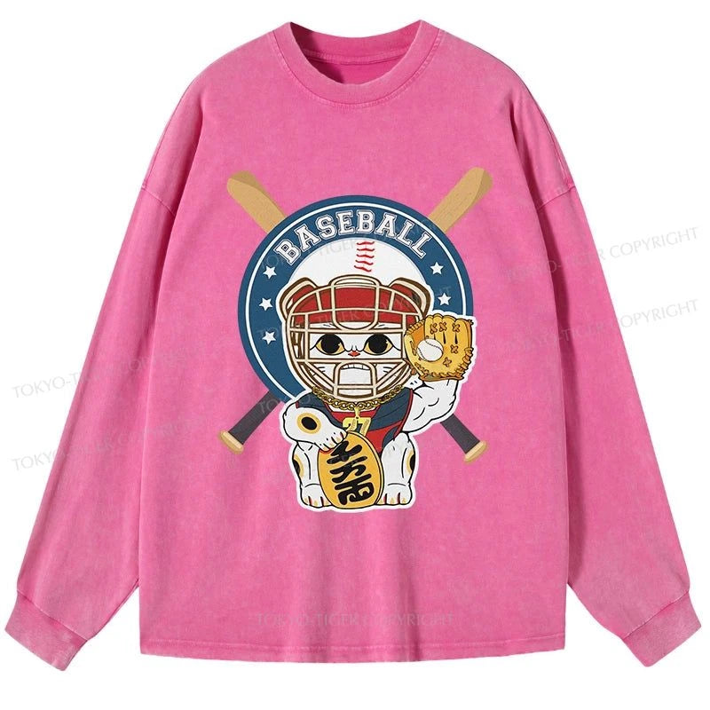 Tokyo-Tiger Janpaese Baseball Cat Washed Long Sleeve T-Shirt