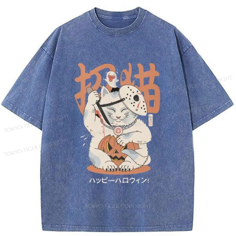 Tokyo-Tiger Halloween Cat Maneki Neko Japanese Washed T-Shirt