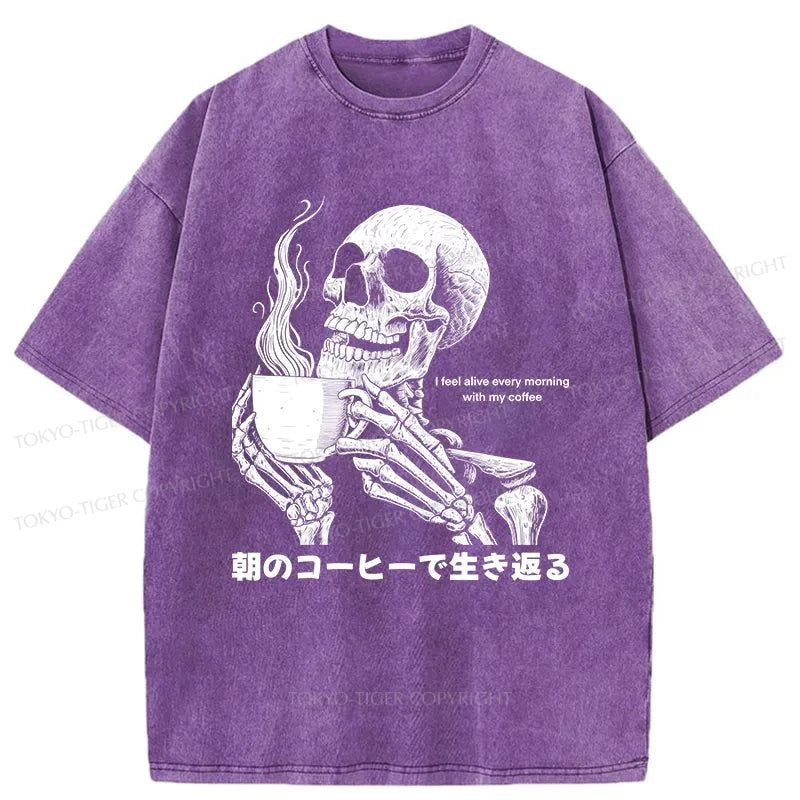 Tokyo-Tiger Skeleton Drinking Coffee Washed T-Shirt