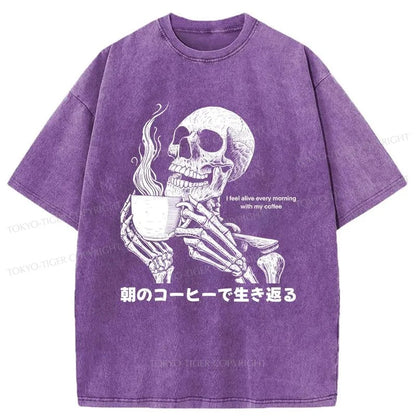 Tokyo-Tiger Skeleton Drinking Coffee Washed T-Shirt