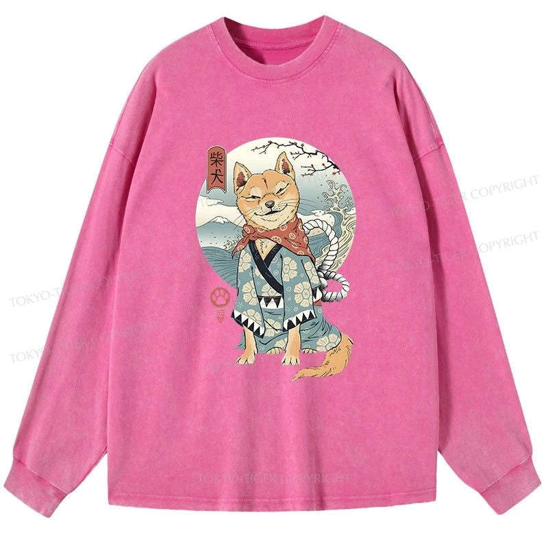 Tokyo-Tiger Samurai Shiba Dog Japanese Washed Long Sleeve T-Shirt