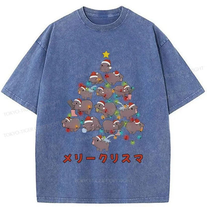 Tokyo-Tiger Moo Deng Christmas Tree Japanese Washed T-Shirt