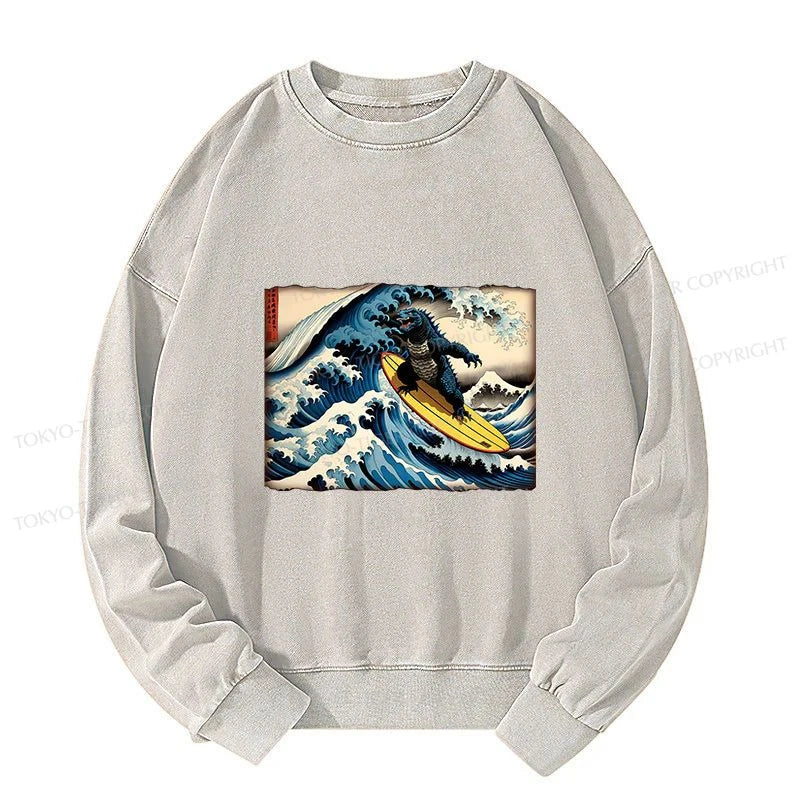 Tokyo-Tiger Dinosaur Surfing Japanese Washed Sweatshirt