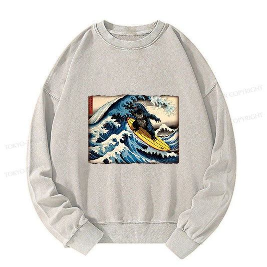 Tokyo-Tiger Dinosaur Surfing Japanese Washed Sweatshirt