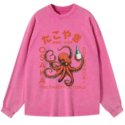 Tokyo-Tiger Octopus Drinks Soju Washed Long Sleeve T-Shirt