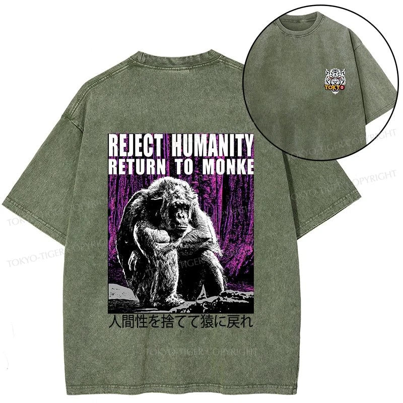 Tokyo-Tiger Reject Humanity Return To Monkey Japan Front Back Washed T-Shirt