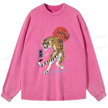 Tokyo-Tiger Tiger Blossom Japanese Sakura Washed Long Sleeve T-Shirt