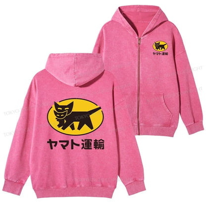 Tokyo-Tiger Black Cat Transport Pattern Japanese Washed Zip Hoodie