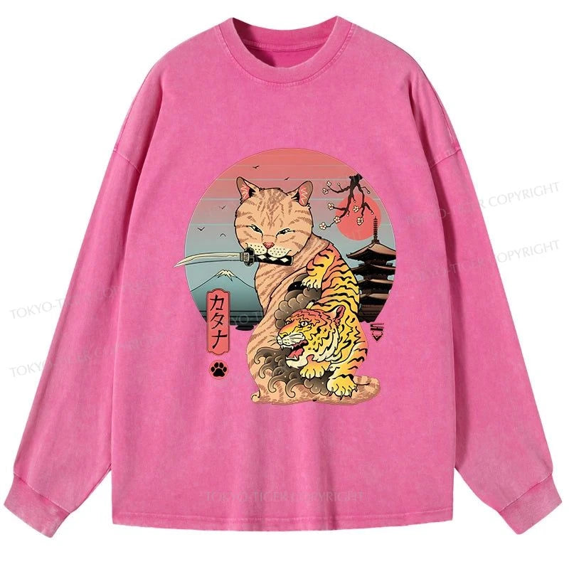 Tokyo-Tiger Katana Cat Tattoo Washed Long Sleeve T-Shirt