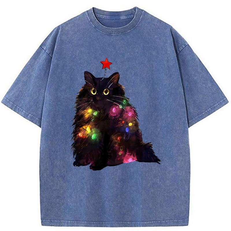 Tokyo-Tiger Christmas Lights Cat Washed T-Shirt