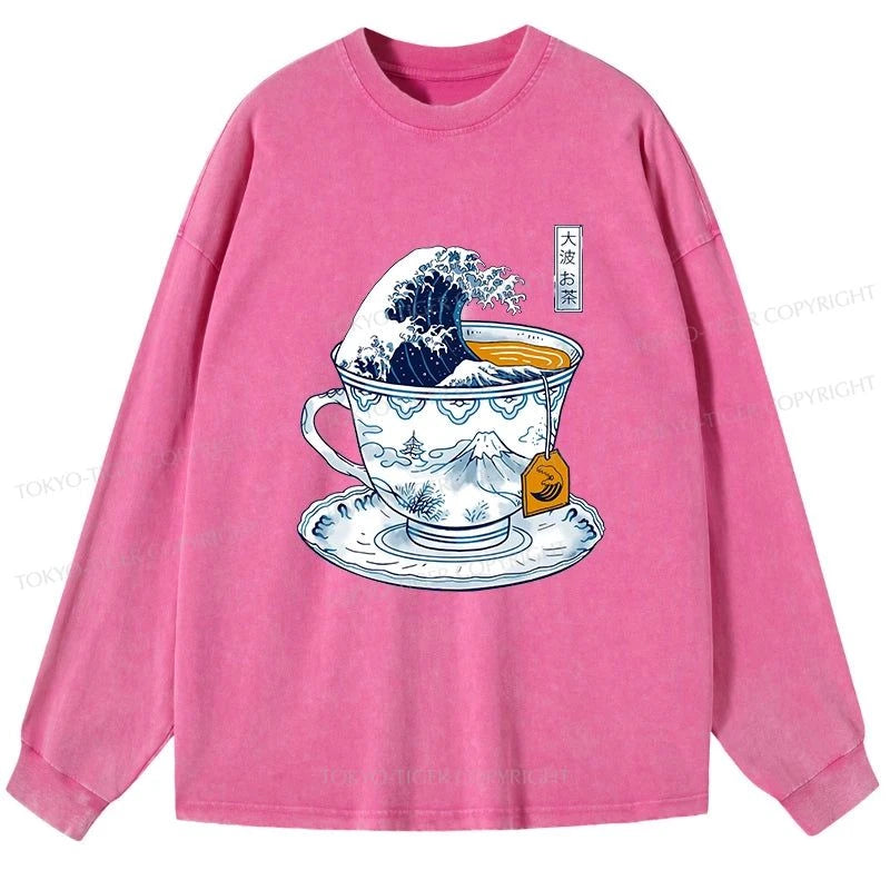 Tokyo-Tiger The Great Kanagawa Tea Wave Washed Long Sleeve T-Shirt