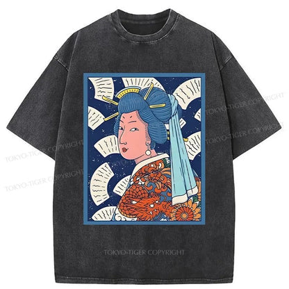 Tokyo-Tiger Ukiyoe Girl With Pearl Earring Washed T-Shirt