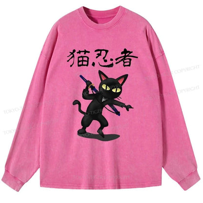 Tokyo-Tiger Ninja Cat Washed Long Sleeve T-Shirt