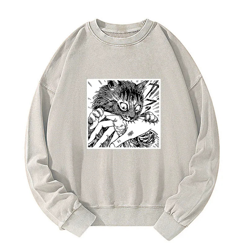Tokyo-Tiger Creepy Cat Anime Horror Anteater Washed Sweatshirt