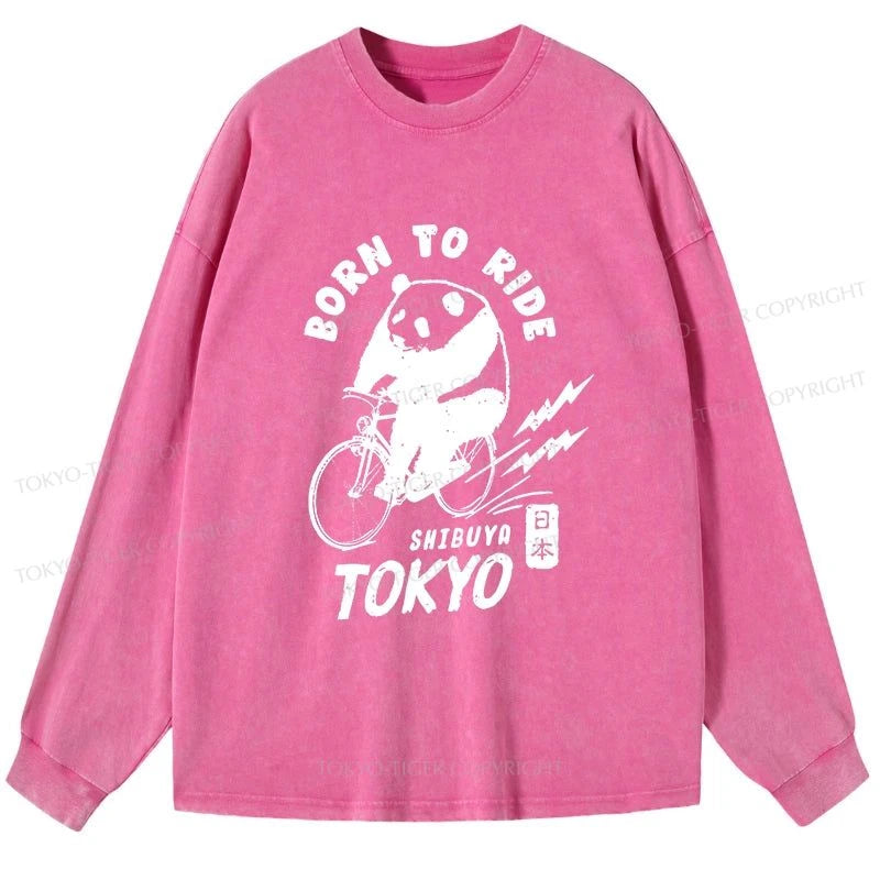 Tokyo-Tiger Pandas Ride Bicycles Washed Long Sleeve T-Shirt