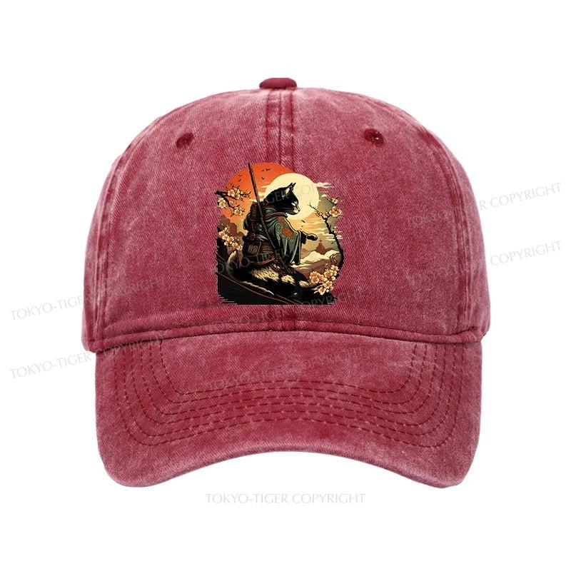 Tokyo-Tiger Cat Ninja Ukiyo-e Anime Style Samurai Washed Cap