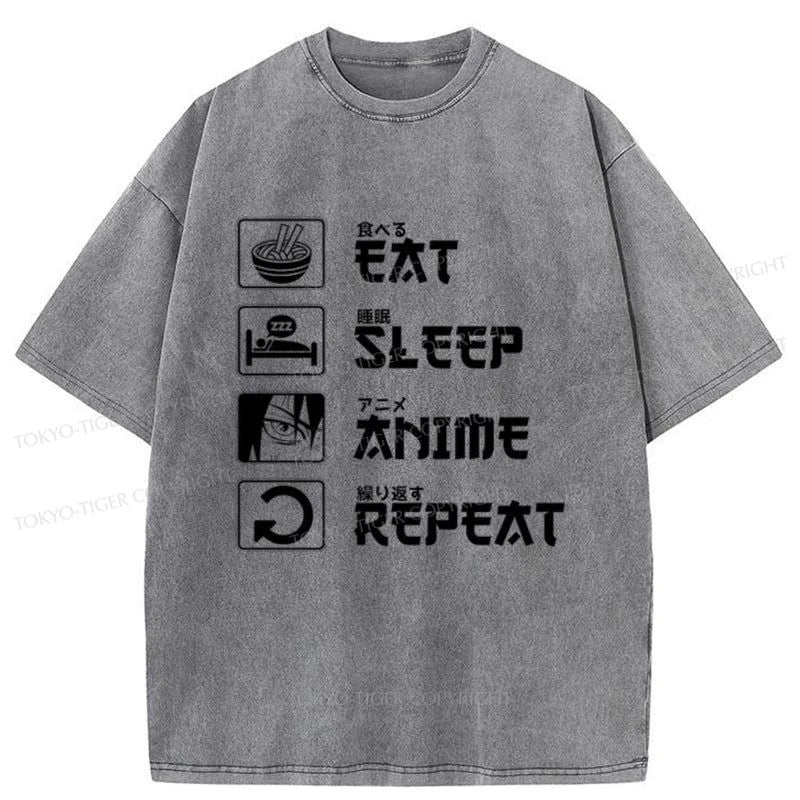 Tokyo-Tiger EAT SLEEP ANIME REPEAT Washed T-Shirt