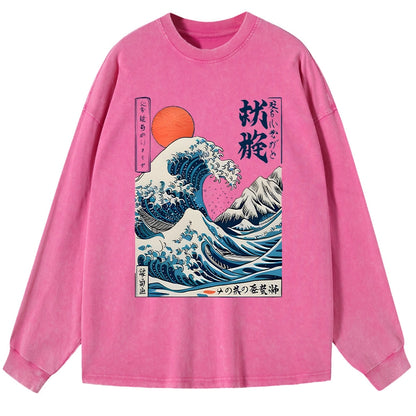 Tokyo-Tiger Ukiyo-e Ocean Waves Japan Washed Long Sleeve T-Shirt