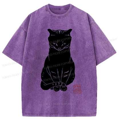 Tokyo-Tiger Black Cat Print Japanese Washed T-Shirt