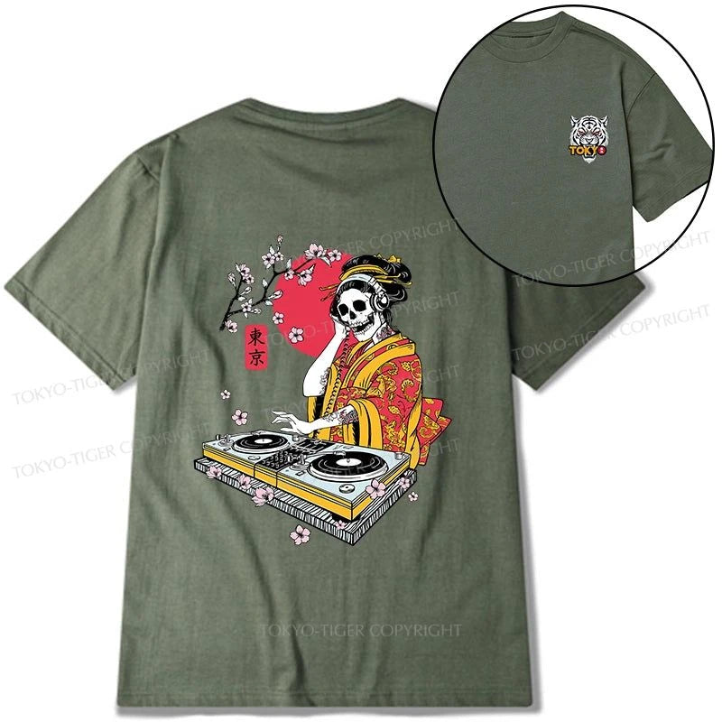 Tokyo-Tiger Japanese Geisha DJ Skull Front Back Classic T-Shirt