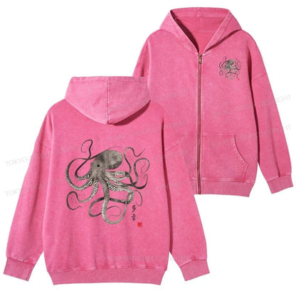 Tokyo-Tiger Octopus Japanese Calligraphy Washed Zip Hoodie