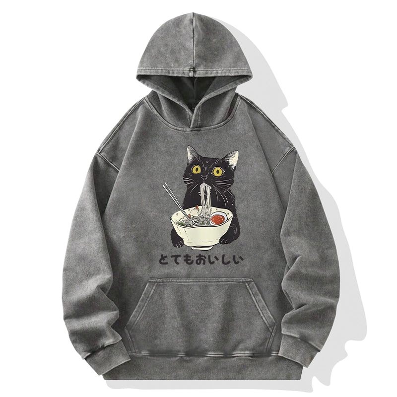 Tokyo-Tiger Cats Eat Ramen Noodles Washed Hoodie