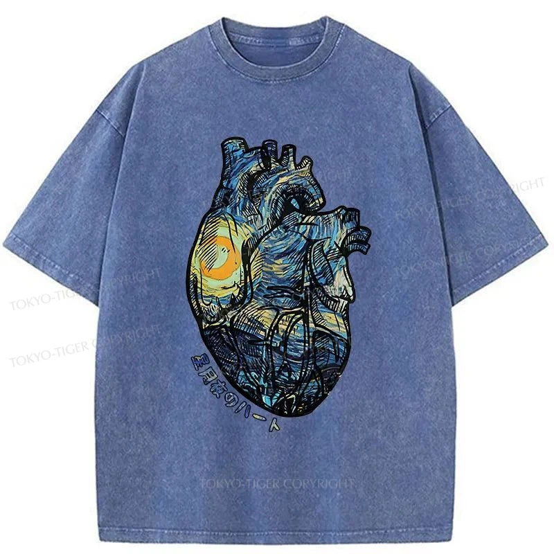 Tokyo-Tiger Van Gogh Starry Night Sky Heart Japanese Washed T-Shirt