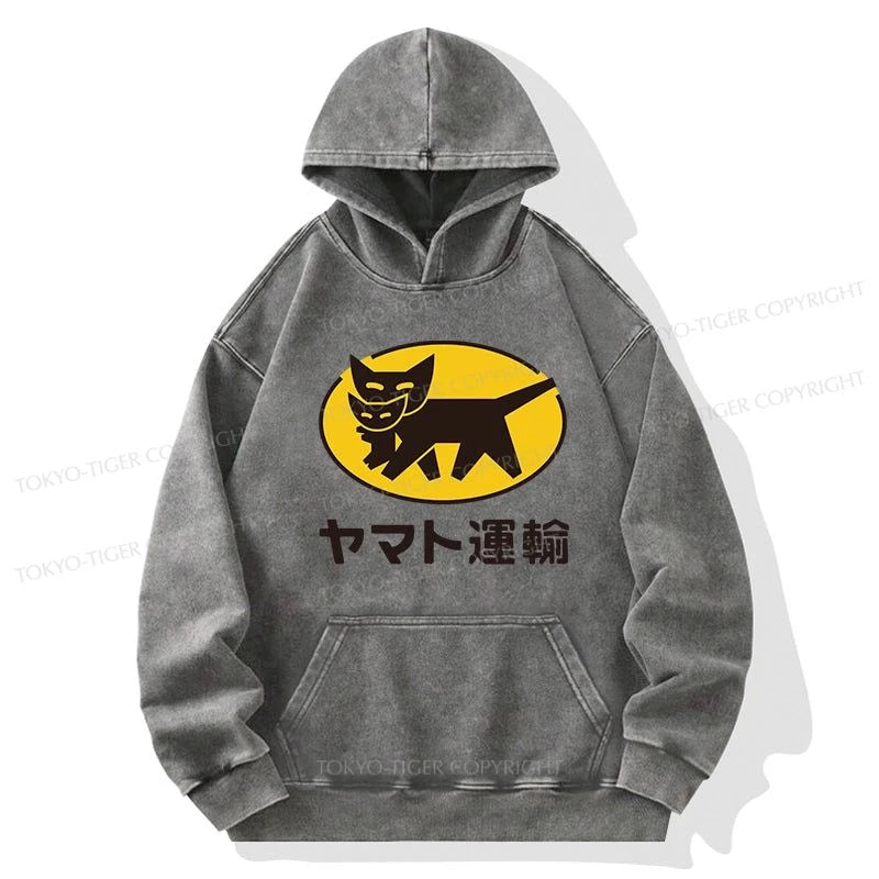 Tokyo-Tiger Black Cat Transport Pattern Japanese Washed Hoodie