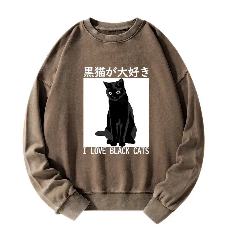 Tokyo-Tiger I LOVE BLACK CATS Japanese Washed Sweatshirt