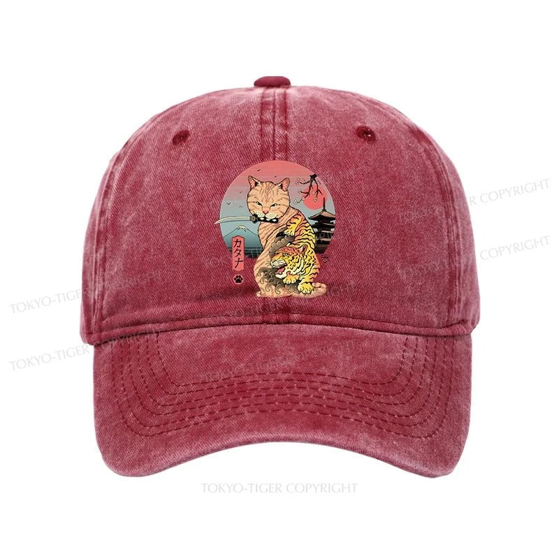 Tokyo-Tiger Katana Cat Tattoo Washed Cap